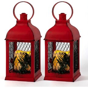 Christmas Lantern Decorative LED Flickering Flameless Candle with Timer, Pine Holly Berry Red Decorative Hanging Lanterns for Indoor Outdoor Garden Christmas Home Decor(2 Pack)