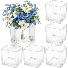 ZEAYEA Set of 6 Square Glass Vase, 4" x 4" x 4" Clear Cube Flower Vase, Square Votive Candle Holder for Wedding Decorative Centerpieces Home Party Decoration