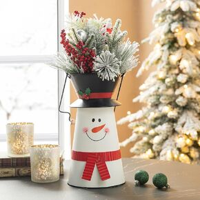 Glitzhome 12" H Metal Snowman Vase for Christmas Indoor Decor Christmas Snowman Jar for Tabletop Decorations Farmhouse Festival Holiday Snowman Decorative Bucket Can with Wooden Handle Home Decor