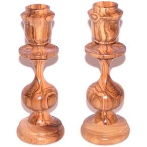 Holy Land Market A Pair of Oriental Design Olive Wood Candle Holders or Sticks (16 cm or 6.3 inches) - Asfour Outlet Trademark