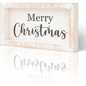 Merry Christmas Wooden Tabletop Sign, Festive Wood Decor for Christmas Desk,Shelf,Tray,Fireplace.Christmas Wooden Block Sign,Merry Christmas Wooden Framed(White)