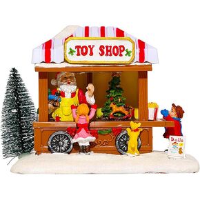 JUMXSRLE Christmas Village Houses, Farmhouse Musical LED Lighted Christmas House Decor, Resin Christmas Popcorn Wagon Shop Figurines Christmas Home Accessories for Home Decor