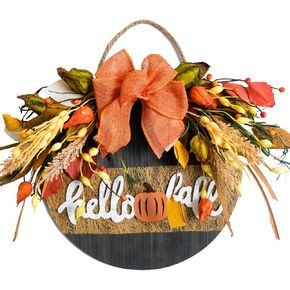 Welcome Sign for Front Door 16'' Wood Wreath Farmhouse Door Sign for Front Door Porch Decor with Grain Skewer, Berry,Sorrel & Buffalo Bow