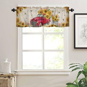 Valance Curtain for Kitchen Red Truck with Sunflowers Vintage Rustic Country Style Windows Treatments Curtains Rod Pocket Valances for Living Room Farmhouse Bathroom Bedroom Decor 54" x 18"