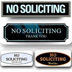 No Soliciting Sign Stickers – Durable, Weatherproof, UV Resistant, Perfect for Home & Office Doors, Pack of 4, Various Elegant Designs (Small 2'' x 5'', Large 2.5'' x 8'') Adhesive Decals for Outdoor & Indoor Use