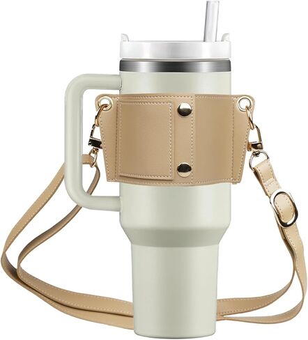 حامل بهلوان مع حزام، حامل أكواب قهوة من الجلد قابل لإعادة الاستخدام، أكياس زجاجات مياه للمشروبات مع حزام قابل للتعديل من أجل يتي وستانلي 30 أونصة و40 أونصة (كاكي) in Kuwait