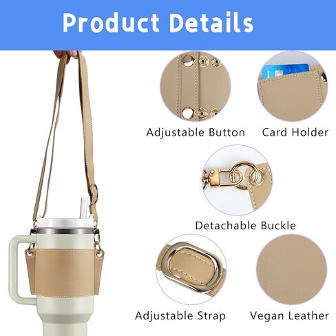 حامل بهلوان مع حزام، حامل أكواب قهوة من الجلد قابل لإعادة الاستخدام، أكياس زجاجات مياه للمشروبات مع حزام قابل للتعديل من أجل يتي وستانلي 30 أونصة و40 أونصة (كاكي) in Kuwait