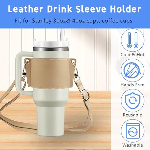 حامل بهلوان مع حزام، حامل أكواب قهوة من الجلد قابل لإعادة الاستخدام، أكياس زجاجات مياه للمشروبات مع حزام قابل للتعديل من أجل يتي وستانلي 30 أونصة و40 أونصة (كاكي) in Kuwait