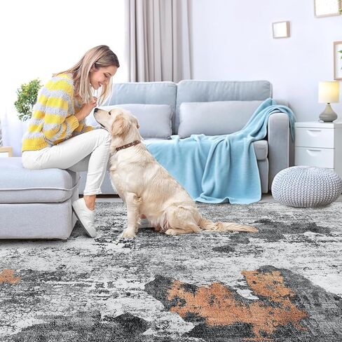 5x7 Area Rugs, Washable Rug for Living Room, Bedroom, Dining Room, Faux Wool, Grey/Yellow in Saudi Arabia