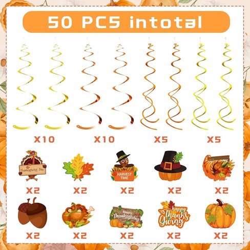 Thanksgiving Hanging Swirls Decorations 50 Pcs Fall Harvest Party Ceiling Streamers,Turkey Decor for Indoor-Outdoor Home Office Autumn Party Supplies in Saudi Arabia