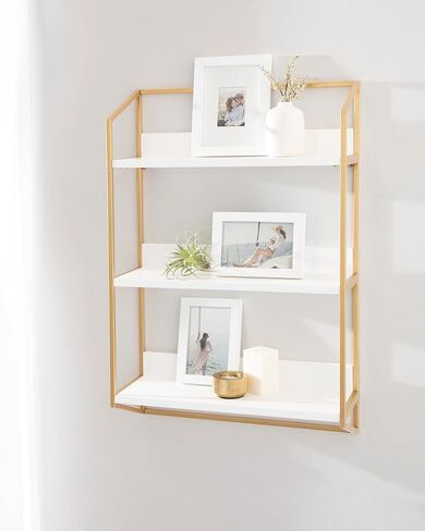 Kate and Laurel Hylton Modern Glam 3-Tier Floating Wall Shelf, 18 x 7 x 28, White and Gold, Charming Tiered Shelving with Three Levels for Display and Storage in Saudi Arabia