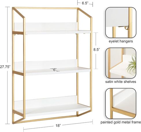 Kate and Laurel Hylton Modern Glam 3-Tier Floating Wall Shelf, 18 x 7 x 28, White and Gold, Charming Tiered Shelving with Three Levels for Display and Storage in Saudi Arabia