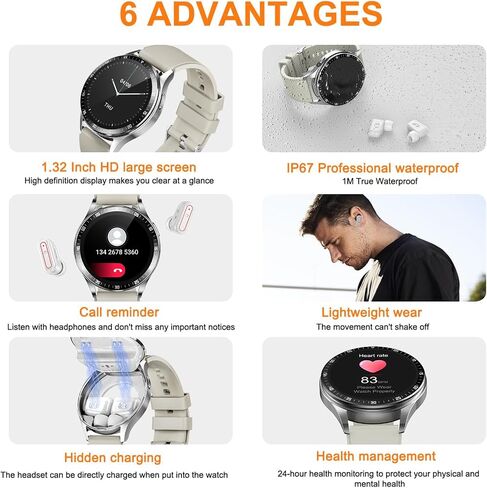 VOVOAEWACH Smart Watch with Earbuds, 1.32 Inch Round Fitness Watch X7, 2 in 1 Bluetooth Watch with Step,Calories,Sleep Monitor,Heart Rate Blood Pressu-re Monitor for iOS & Android in Saudi Arabia