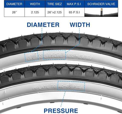 2 Pack 26 inch Bike Tires - 26x2.125 Beach Cruiser Bicycle Tires for Folding Replacement Bike with 26 inch Schrader Valve Bike Tubes, 2 Tire Levers in Saudi Arabia