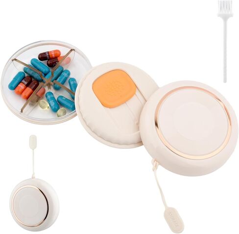 صندوق حبوب منع الحمل، علبة حبوب دواء صغيرة مكونة من 4 أقسام، صندوق حبوب صغير للمحفظة والجيب، مع فرشاة تنظيف، صندوق حبوب دواء دائري للسفر، حامل حاوية حبوب دواء محمول للفيتامينات والأدوية والمكملات الغذائية وزيت السمك in Kuwait