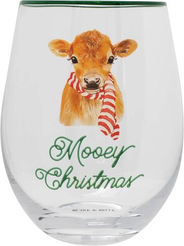 Mary Square Mooey Christmas Brown Cow 16 ounce Glass Stemless Wine Glass in Saudi Arabia