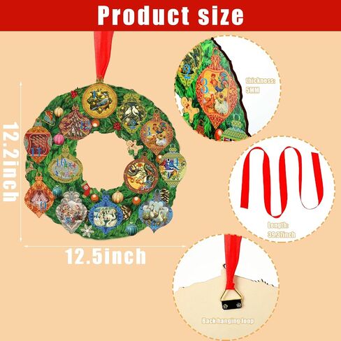 Suzile Wooden 12 Days of Christmas Wreath Hanging Sign 12.5 x 12.2 Inch Christmas Ornament Wreath Form Round Decor for Front Door Porch Wall Farmhouse Window Indoor Outdoor Decorations in Saudi Arabia