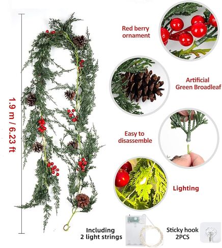 RECUTMS عيد الميلاد جارلاند 6 قدم الاصطناعي الأرز الصنوبر جارلاند واقعية الخضرة الشتاء مع التوت الأحمر جارلاند لعيد الميلاد حزب عيد الميلاد الجدول عباءة جدار غرفة في الهواء الطلق داخلي الشتاء الديكور in Kuwait
