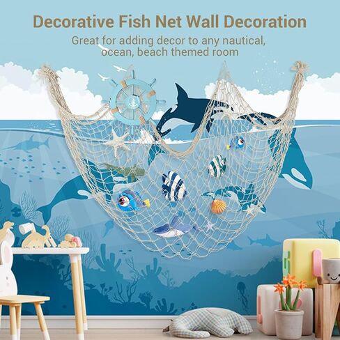 2 Pack Decoractive Fishing Net 80x40 Inch, 3mm Thickness Haze Blue Natural Cotton Large Picture Wall Hanging Fish Net, Party Decorations Fishnet for Tropical Nautical Pirate Beach Mermaid Themed Party in Kuwait