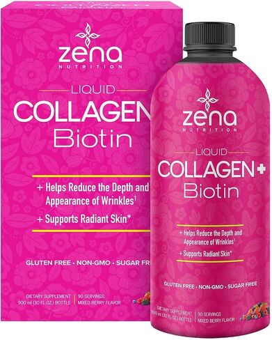 Ze-na Liquid Collagen + Biotin: 2500mg Collagen, 5000mcg Biotin, Verisol Formula | Hair, Skin, Nail & Joint Support | Non-GMO, Mixed Berry Flavor | 90 Servings in Saudi Arabia
