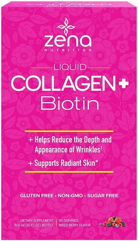 Ze-na Liquid Collagen + Biotin: 2500mg Collagen, 5000mcg Biotin, Verisol Formula | Hair, Skin, Nail & Joint Support | Non-GMO, Mixed Berry Flavor | 90 Servings in Saudi Arabia