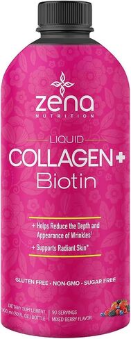 Ze-na Liquid Collagen + Biotin: 2500mg Collagen, 5000mcg Biotin, Verisol Formula | Hair, Skin, Nail & Joint Support | Non-GMO, Mixed Berry Flavor | 90 Servings in Saudi Arabia