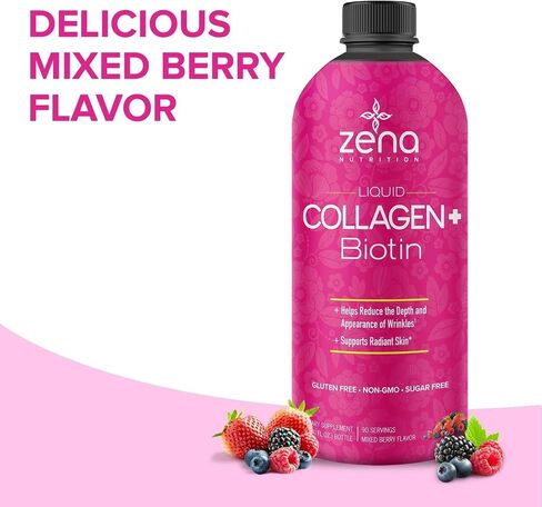 Ze-na Liquid Collagen + Biotin: 2500mg Collagen, 5000mcg Biotin, Verisol Formula | Hair, Skin, Nail & Joint Support | Non-GMO, Mixed Berry Flavor | 90 Servings in Saudi Arabia