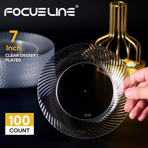 FOCUSLINE 7 Inch Clear Plastic Plates, 100 Count Disposable Heavy Duty Salad Dessert Plates, Premium Hard Plastic Plates Fancy Disposable Clear Plates for Weddings, Parties in Saudi Arabia