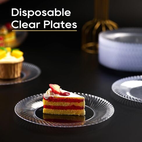 FOCUSLINE 7 Inch Clear Plastic Plates, 100 Count Disposable Heavy Duty Salad Dessert Plates, Premium Hard Plastic Plates Fancy Disposable Clear Plates for Weddings, Parties in Saudi Arabia