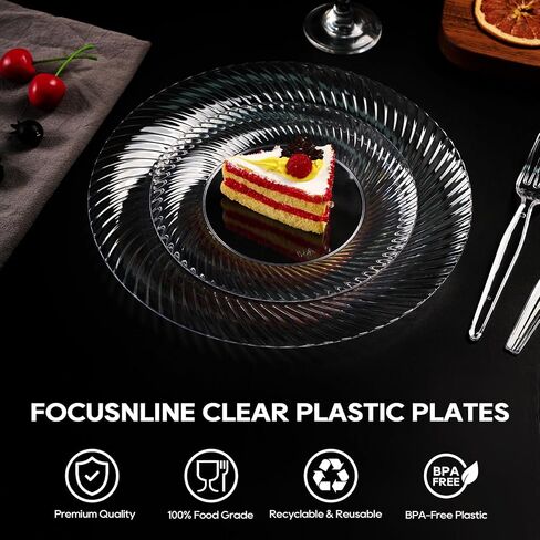 FOCUSLINE 7 Inch Clear Plastic Plates, 100 Count Disposable Heavy Duty Salad Dessert Plates, Premium Hard Plastic Plates Fancy Disposable Clear Plates for Weddings, Parties in Saudi Arabia