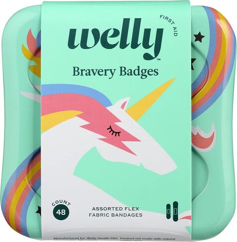 ضمادات ويلي، شارات شجاعة من القماش المرن اللاصق، أشكال متنوعة للجروح البسيطة والخدوش والجروح، علبة إسعافات أولية ملونة وممتعة، أنماط يونيكورن، عدد 48، مجموعة واحدة in Kuwait