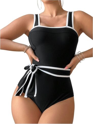 WDIRARA Women's 2 Piece Tummy Control Square Neck Swimsuit Ribbed Sports Color Block Swimwear in Saudi Arabia