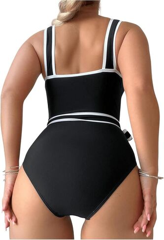 WDIRARA Women's 2 Piece Tummy Control Square Neck Swimsuit Ribbed Sports Color Block Swimwear in Saudi Arabia