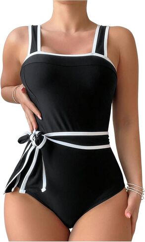 WDIRARA Women's 2 Piece Tummy Control Square Neck Swimsuit Ribbed Sports Color Block Swimwear in Saudi Arabia