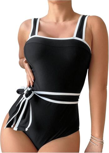 WDIRARA Women's 2 Piece Tummy Control Square Neck Swimsuit Ribbed Sports Color Block Swimwear in Saudi Arabia