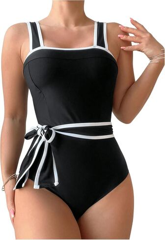 WDIRARA Women's 2 Piece Tummy Control Square Neck Swimsuit Ribbed Sports Color Block Swimwear in Saudi Arabia