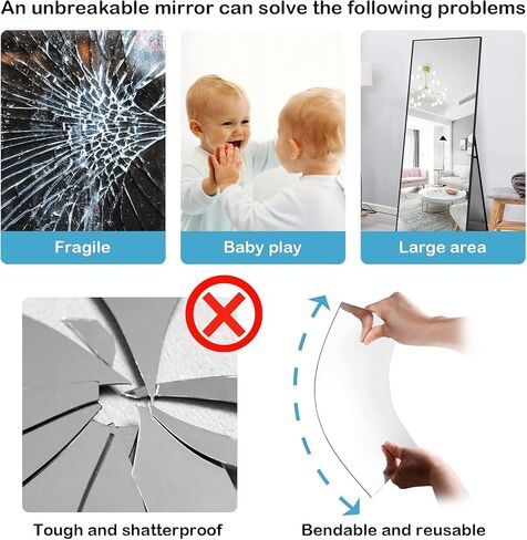 Full Length Wall Mirror Tiles, 8"x 8" x 4 Pcs Acrylic Mirror Wall-Mounted, Shatterproof Non Glass Safety Mirror Great for Baby Kids Playroom, Used as Dorm Mirror Door Mirror Gym Mirror in Saudi Arabia