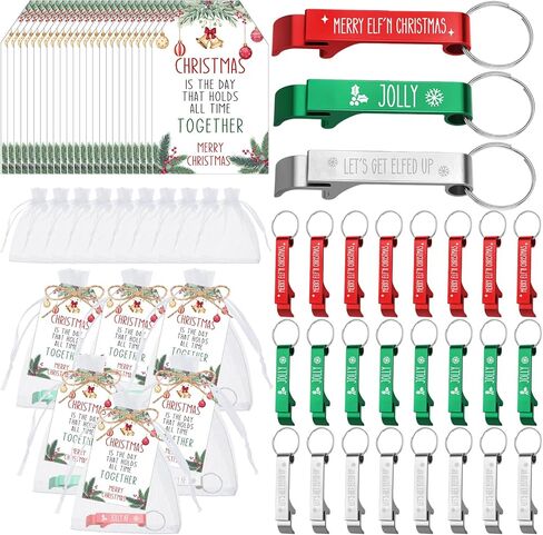 Tondiamo 24 Sets Christmas Favors for Adults Merry Christmas Bottle Opener Keychain Funny Christmas Gifts with Tags and Gift Bags Christmas Supplies for Guests Souvenirs Gifts, 3 Styles in Saudi Arabia