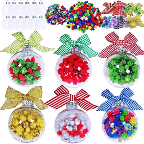 Winlyn 12 Sets Christmas Bulb Ornament Balls Clear Plastic Glass Ball Craft Kit Bauble Ornaments Fillable Unbreakable Shatterproof Hanging Tree Ornaments Jingle Bells Pom-poms Bows for Holiday Décor in Saudi Arabia
