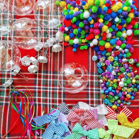 Winlyn 12 Sets Christmas Bulb Ornament Balls Clear Plastic Glass Ball Craft Kit Bauble Ornaments Fillable Unbreakable Shatterproof Hanging Tree Ornaments Jingle Bells Pom-poms Bows for Holiday Décor in Saudi Arabia