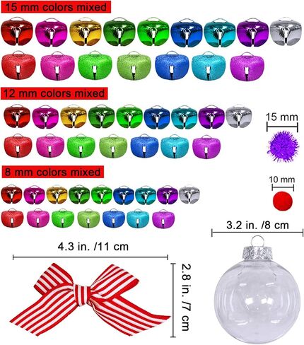 Winlyn 12 Sets Christmas Bulb Ornament Balls Clear Plastic Glass Ball Craft Kit Bauble Ornaments Fillable Unbreakable Shatterproof Hanging Tree Ornaments Jingle Bells Pom-poms Bows for Holiday Décor in Saudi Arabia