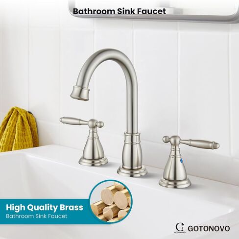 gotonovo 8 Inch Widespread Bathroom Faucet 3 Hole 2 Handles Bathroom Sink Faucet with Pop Up Drain and Supply Hoses Modern Lavatory Mixer Tap Lever Handle, Brushed Nickel in Saudi Arabia