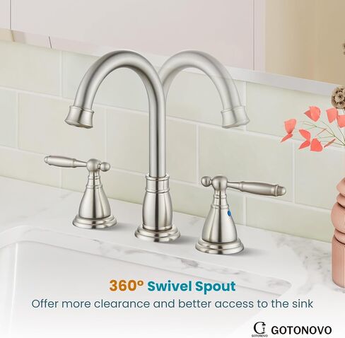 gotonovo 8 Inch Widespread Bathroom Faucet 3 Hole 2 Handles Bathroom Sink Faucet with Pop Up Drain and Supply Hoses Modern Lavatory Mixer Tap Lever Handle, Brushed Nickel in Saudi Arabia