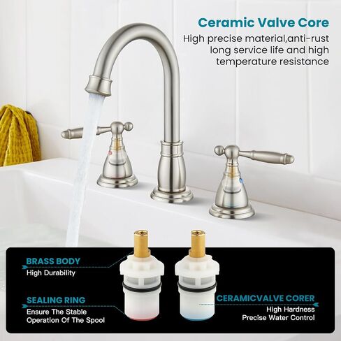 gotonovo 8 Inch Widespread Bathroom Faucet 3 Hole 2 Handles Bathroom Sink Faucet with Pop Up Drain and Supply Hoses Modern Lavatory Mixer Tap Lever Handle, Brushed Nickel in Saudi Arabia