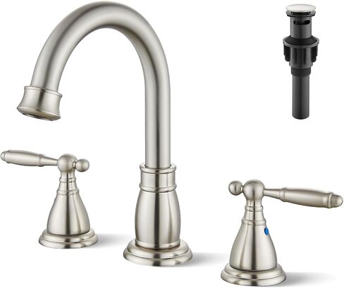 gotonovo 8 Inch Widespread Bathroom Faucet 3 Hole 2 Handles Bathroom Sink Faucet with Pop Up Drain and Supply Hoses Modern Lavatory Mixer Tap Lever Handle, Brushed Nickel in Saudi Arabia