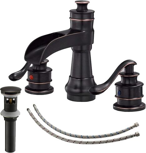 Widespread Bathroom Faucet Oil Rubbed Bronze Farmhouse Waterfall for Sink 3 Hole 2 Handle Lavatory Vanity 3 Piece Set 8 Inch Wide Spread Mounted with Pop Up Drain with Overflow in Kuwait