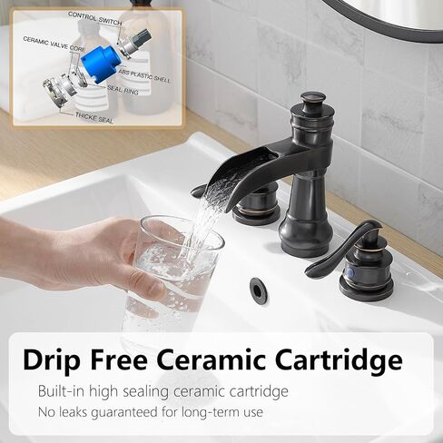 Widespread Bathroom Faucet Oil Rubbed Bronze Farmhouse Waterfall for Sink 3 Hole 2 Handle Lavatory Vanity 3 Piece Set 8 Inch Wide Spread Mounted with Pop Up Drain with Overflow in Kuwait