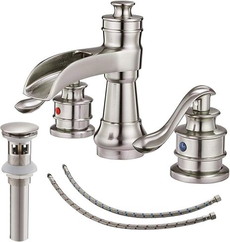 Widespread Bathroom Faucet Oil Rubbed Bronze Farmhouse Waterfall for Sink 3 Hole 2 Handle Lavatory Vanity 3 Piece Set 8 Inch Wide Spread Mounted with Pop Up Drain with Overflow in Kuwait