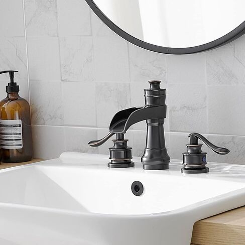 Widespread Bathroom Faucet Oil Rubbed Bronze Farmhouse Waterfall for Sink 3 Hole 2 Handle Lavatory Vanity 3 Piece Set 8 Inch Wide Spread Mounted with Pop Up Drain with Overflow in Kuwait