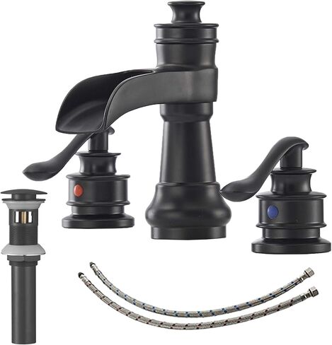 Widespread Bathroom Faucet Oil Rubbed Bronze Farmhouse Waterfall for Sink 3 Hole 2 Handle Lavatory Vanity 3 Piece Set 8 Inch Wide Spread Mounted with Pop Up Drain with Overflow in Kuwait